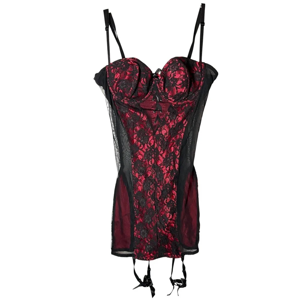 Vtg Frederick's of Hollywood Bustier Lg Red Lace Goth Vampy Burlesque Lingerie